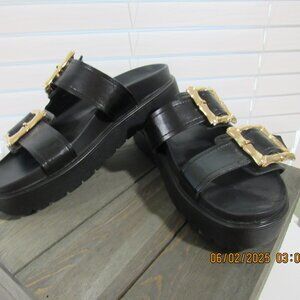 Black Platform Sandals with Gold Buckles - Size 6